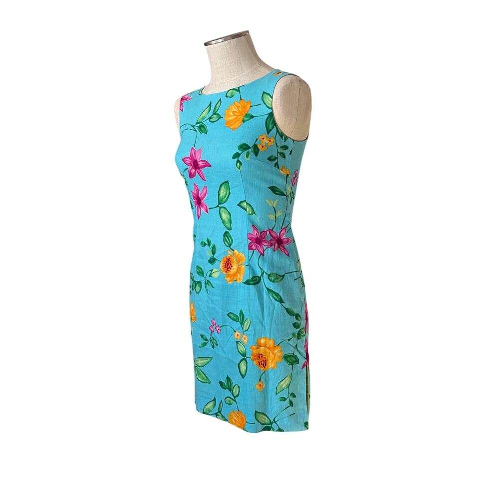 Talbots Blue Floral 100% Linen dress Womens Sz 4 Sheath Sleeveless Summer Party - Picture 16 of 16